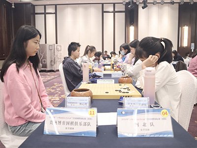 図4：女子乙級から昇格を決めた両チームの対戦。左端は貴州チームの陳心颺三段、右端は河北チームの王舒瑤三段。